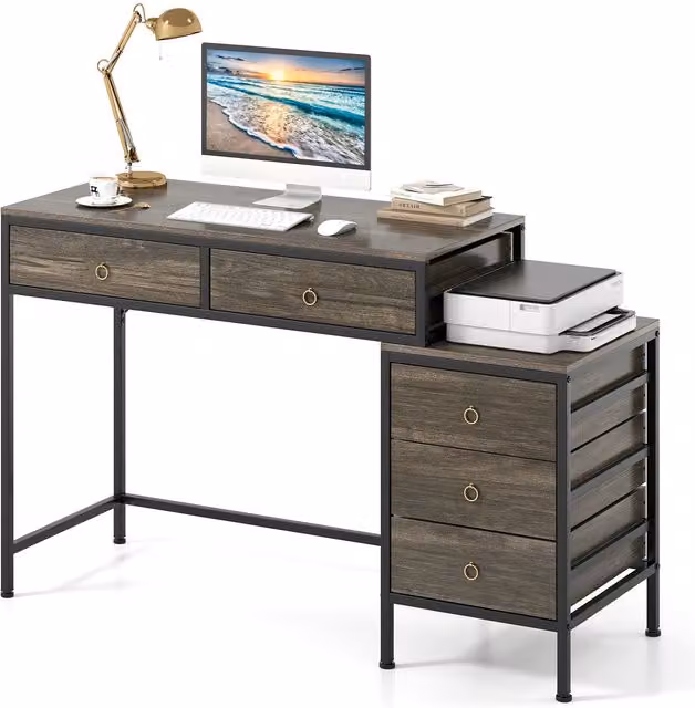 Costway Home Office Computer Desk with Side File Cabinet and 5 Drawers in Grey and Black – 1