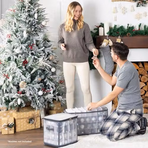 LIVIVO Christmas Bauble and Decoration Storage Cube in Grey with Padded Dividers for 64 Ornaments, Foldable with Lid and Handles, W/D/H: 30 x 30 x 30 cm – 4