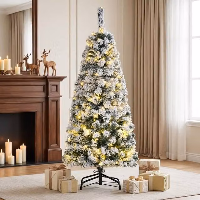 STILVORA Pre-Lit Artificial Christmas Tree with Snow-Covered Tips in Green, H 120 cm x W 56 cm