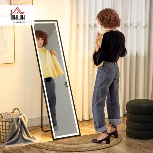 HOMCOM Full Length Free Standing Mirror with Dimmable LED Lights, Black, H 150 cm x W 40 cm – 2
