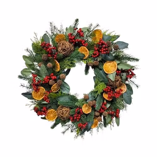 Shatchi Rustic Christmas Wreath with Eucalyptus, Berries and Rattan Balls in Orange, Red and Green, Diameter: 60 cm