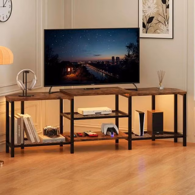 VOGREX Brown Industrial Wood TV Stand with Integrated LED Lights and Charging Station for up to 75 Inch TVs
