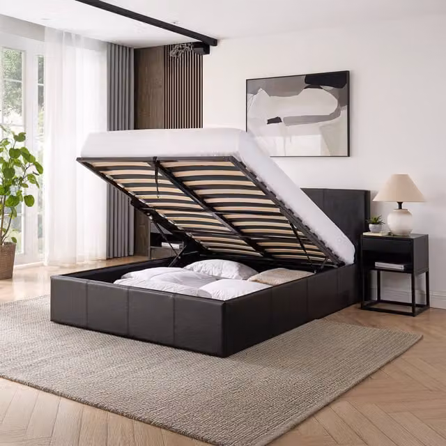 Luna Single Ottoman Bed with Gas Lift Storage, Black Faux Leather, W/D/H: 90 x 190 cm