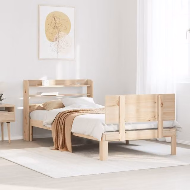 Berkfield Home Rustic Brown Solid Pine Bed Frame with Headboard and Side Compartments, W/D/H: 90 x 200 cm