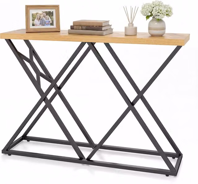 COSTWAY Industrial Geometric Accent Table in Brown with X-Frame Metal and Wood Design