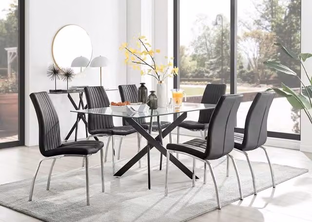 FurnitureboxUK Leonardo Black Leg Glass Dining Table with Six Isco Chairs in Black and Transparent