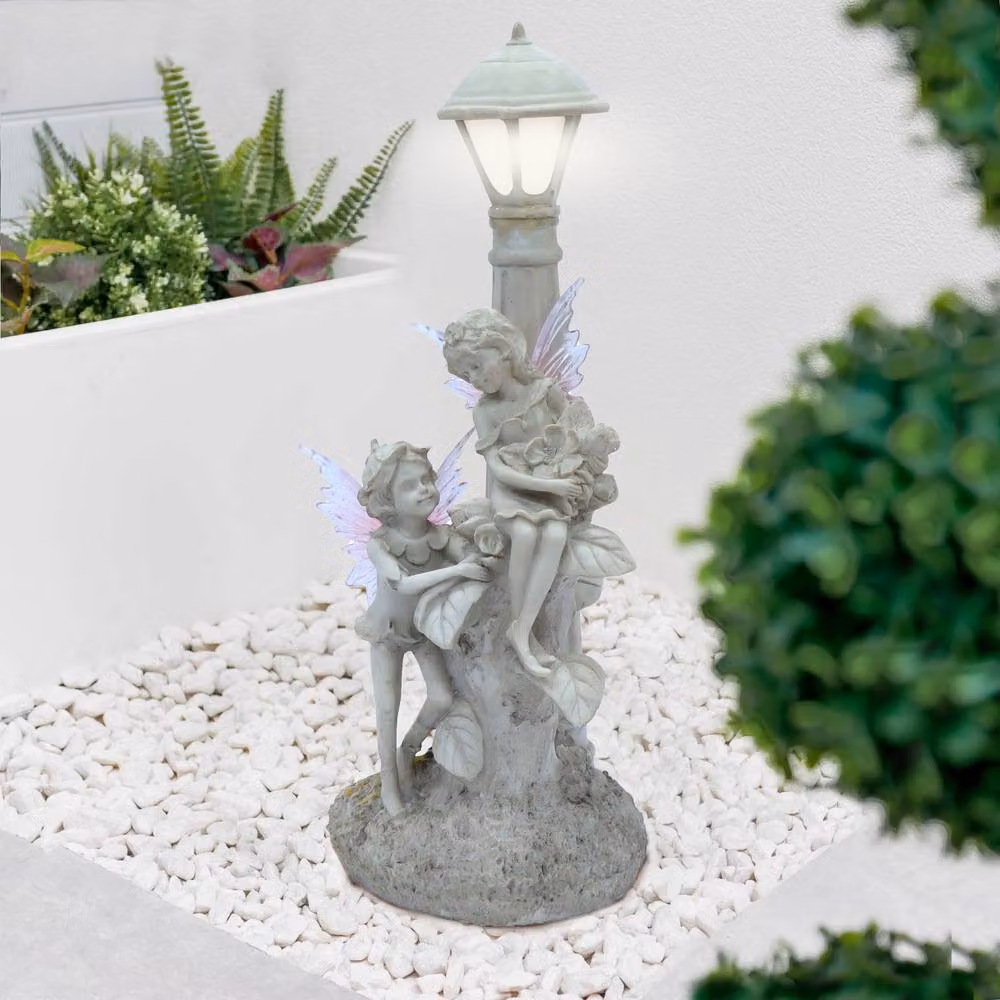 Gardenwize Solar Fairies Under Lamp Post Ornament with Warm White LED Light in Grey – 2