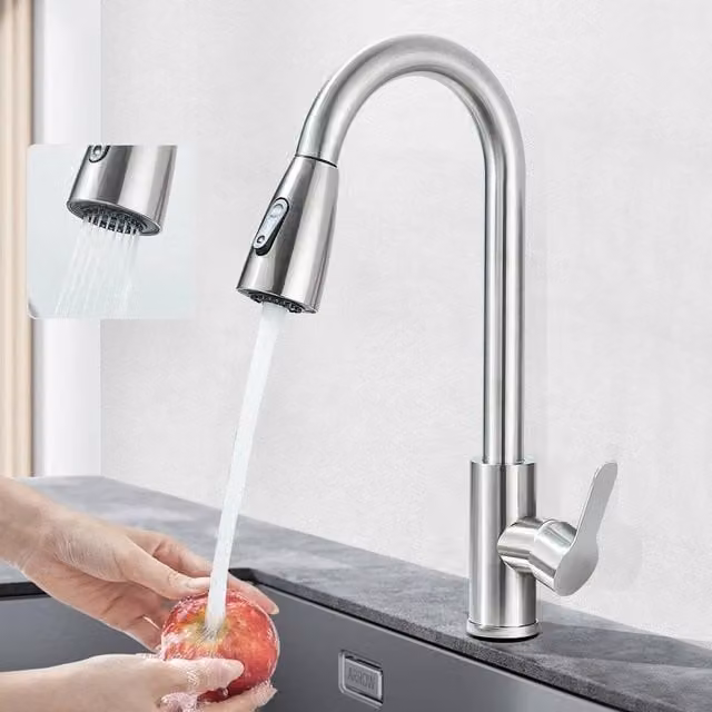 EONLION Monobloc Kitchen Sink Mixer Tap with Pull Out Spout in Silver Brushed Nickel