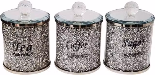 DEENZ Set of 3 Geometric Crushed Diamond Tea Coffee Sugar Canisters in Silver