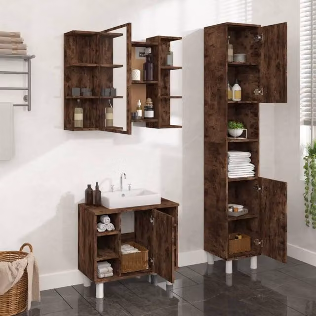 Berkfield Home 3 Piece Modern Freestanding Bathroom Cabinet Set in Smoked Oak Brown