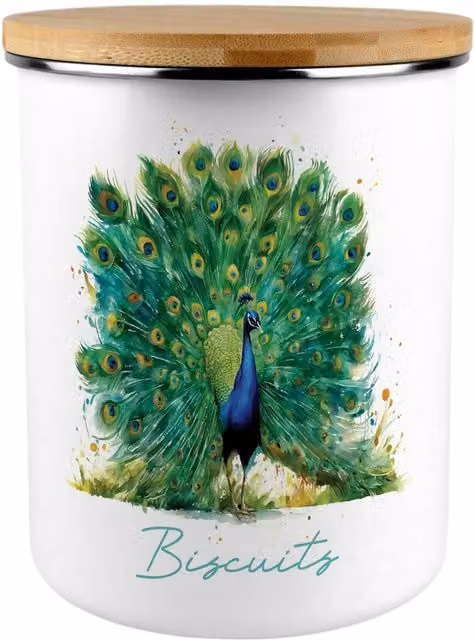 Purely Home Majestic Peacock Extra Large Metal Biscuit Tin in Green and White