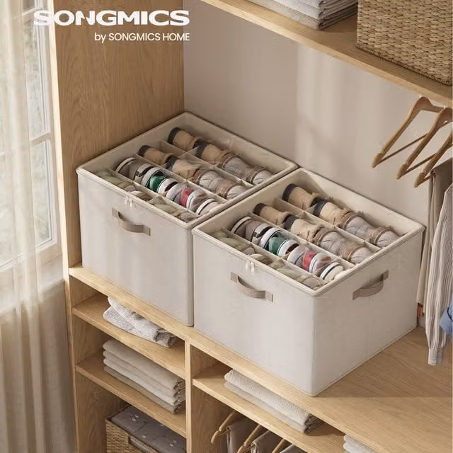 SONGMICS Stackable Shoe Organisers with Lid, Beige and White, Holds up to 16 Pairs Each