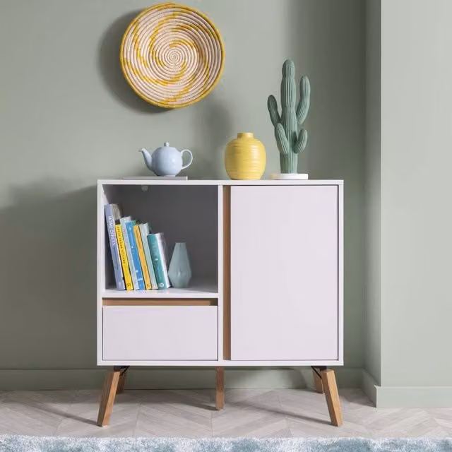Otto Mid-Century Small Sideboard with Drawer in Matt White