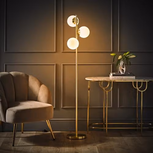 ValueLights Modern 3 Light Gold Metal Floor Lamp with White Frosted Glass Sphere Shades and LED Bulbs – 2