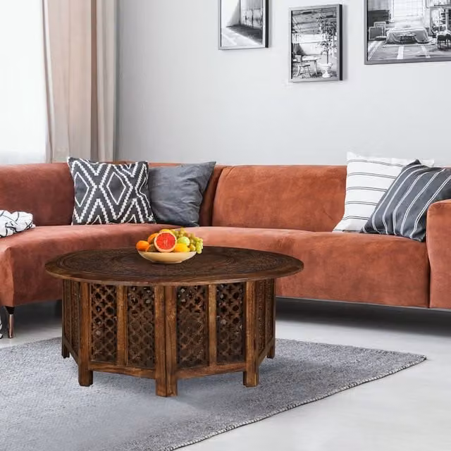 Topfurnishing Round Mango Wood Carved Coffee Table in Brown