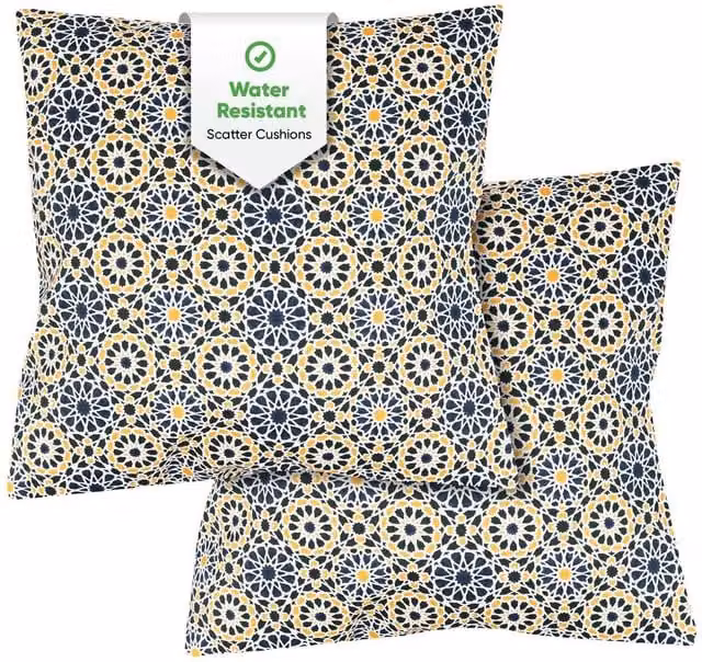 Gardenwize Pack of 2 Casablanca Moroccan Printed Outdoor Square Scatter Cushions in Multicolour, White and Blue – 1