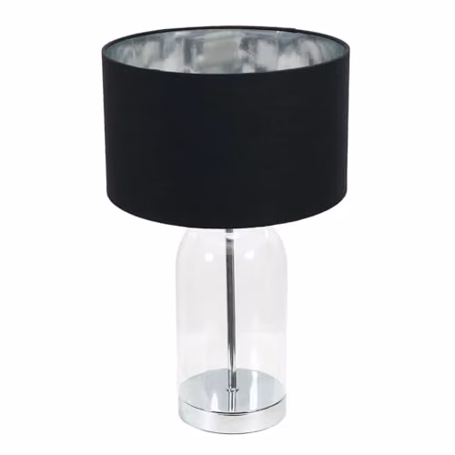 ValueLights Jessy Glass Table Lamp with Silver Base, Black and Chrome Inner Shade and Warm White Bulb – 1