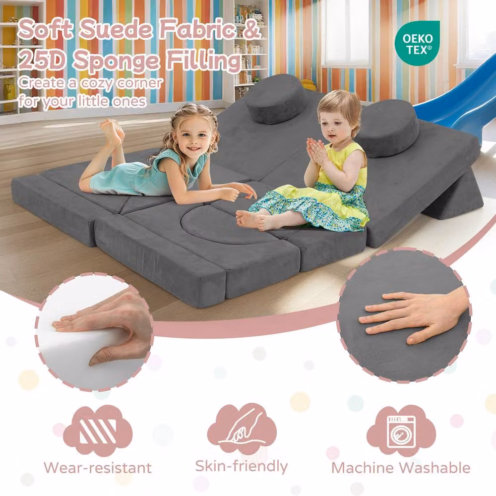 Costway 14 Piece Modular Kids Play Couch Sectional Sofa in Grey Microfibre Fabric – 5