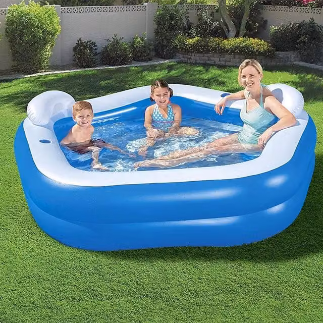 Bestway Family Fun Inflatable Square Pool with 2 Seats, Headrests and Cup Holders, Blue, W: 213 cm, D: 213 cm, H: 69 cm