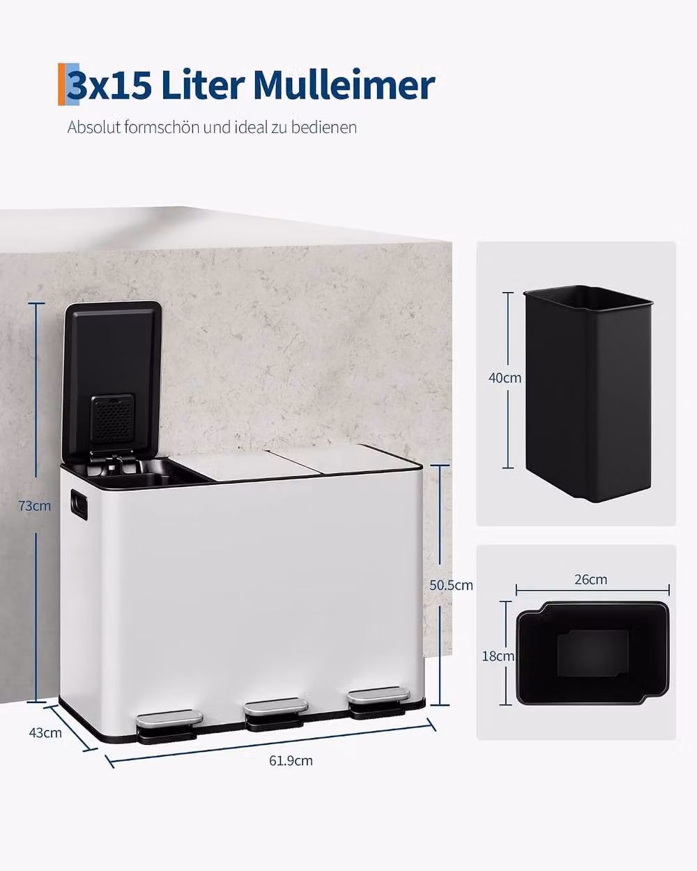 London Boutique 45L 3-Compartment Stainless Steel Kitchen Pedal Bin with Soft-Close Lid, White, W/D/H: 62.0 x 45.0 x 43.5 cm – 2