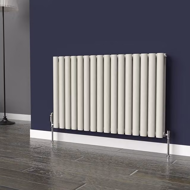 Lux Heat Oval Horizontal Coloured Double Radiator in Stone White, W: 96 cm, H: 60 cm