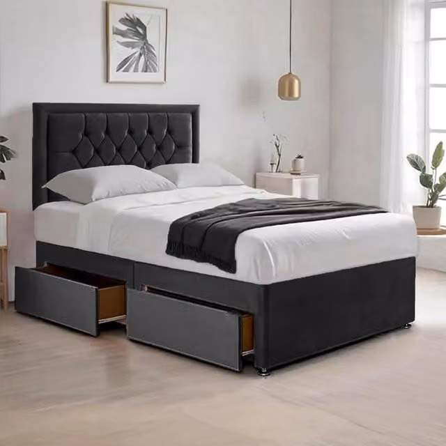 Bed Time UK Plush Black Velvet Divan Bed with Hybrid Mattress, 2 Drawers and 20 inch Chesterfield Headboard, W/D/H: 120 x 200 cm
