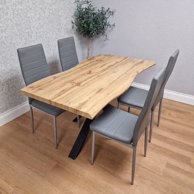 KOSY KOALA Brown Wooden Rectangular Dining Table with 4 Grey Leather Chairs and X-Shaped Legs