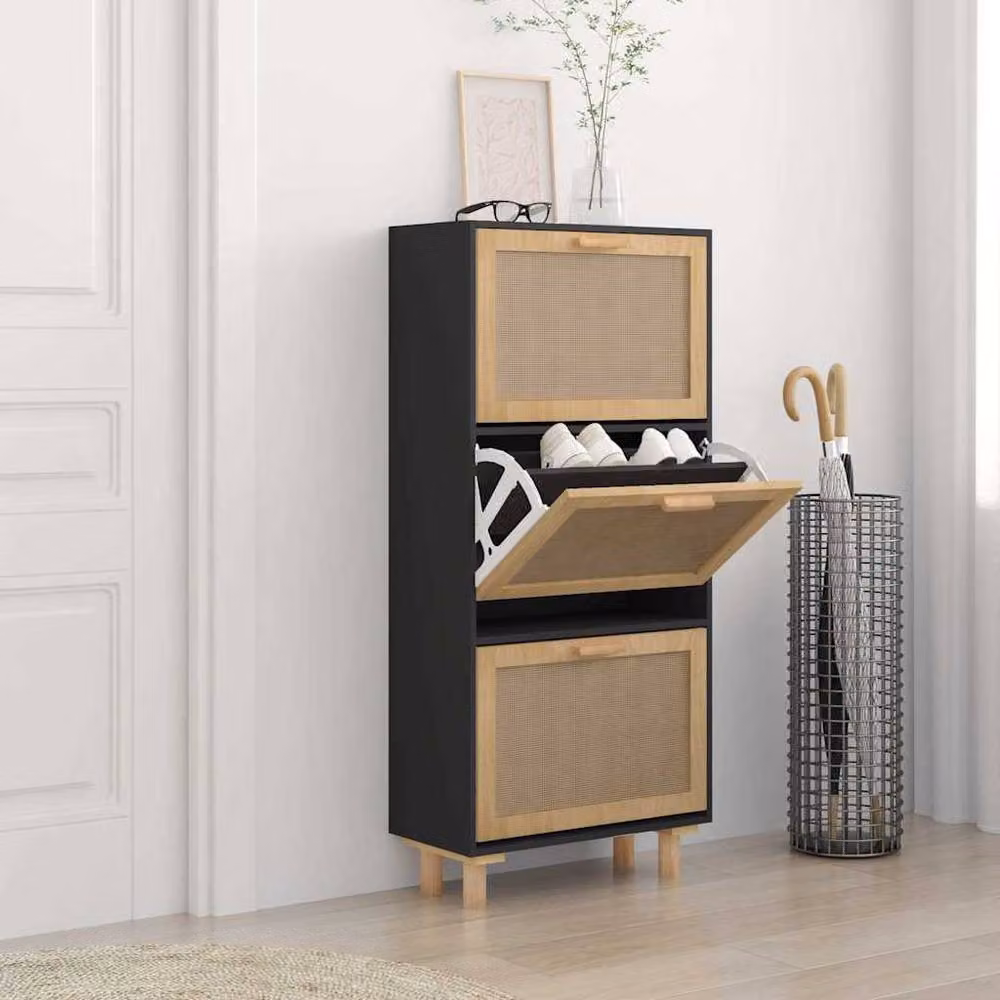 Berkfield Home Black Shoe Cabinet with Natural Rattan and Tilting Compartments, W/D/H: 52 x 25 x 115 cm – 2