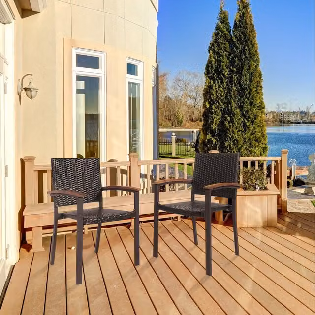 Costway Set of 2 Modern Geometric Outdoor Stackable Chairs in Brown and Black with Acacia Wood and Metal Frame