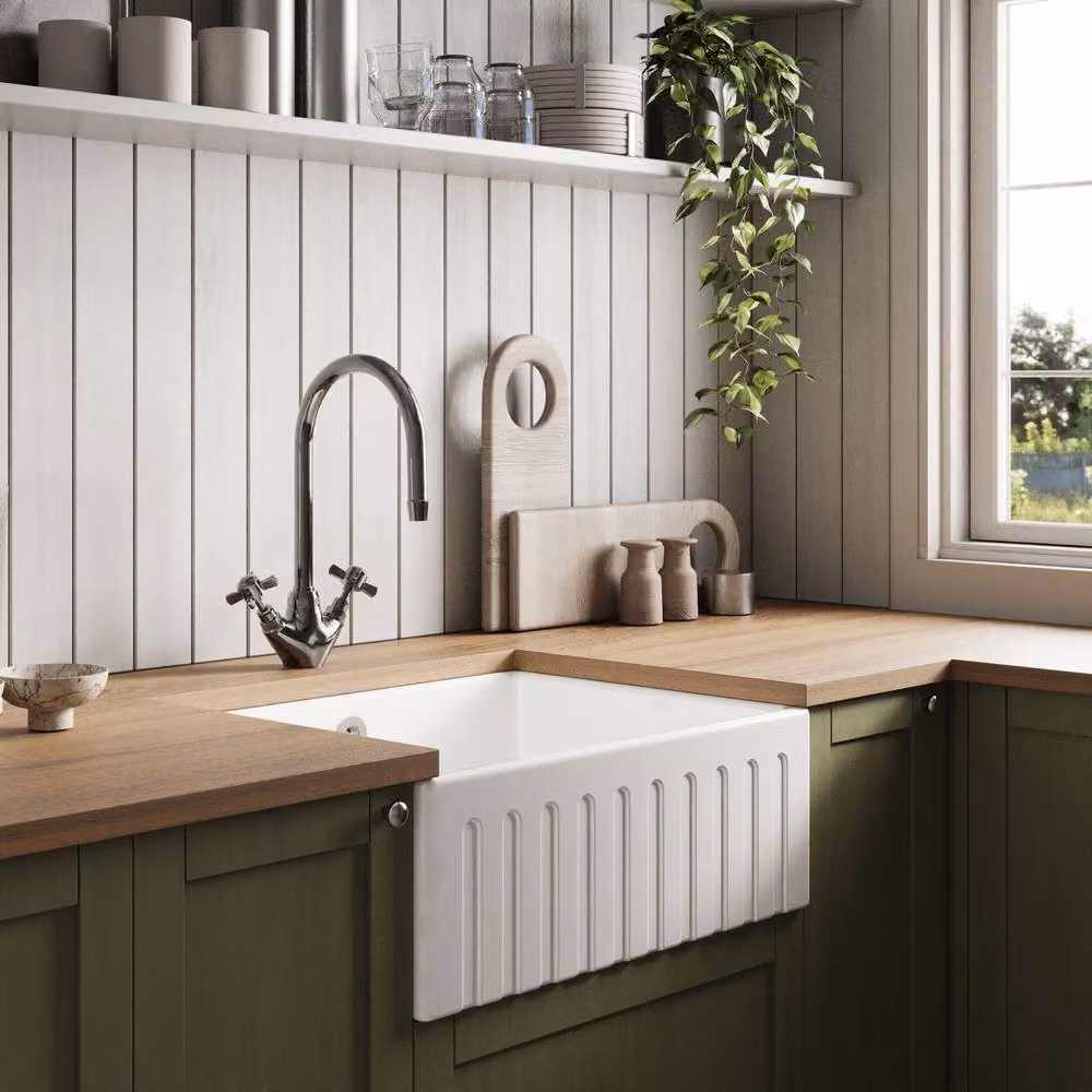 Balterley White Ceramic Fireclay Kitchen Butler Sink with 1 Bowl and Fluted Front, W: 59.5 cm, D: 45.0 cm, H: 22.0 cm – 3