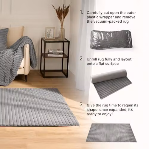 OHS Grey Faux Fur Ribbed Area Rug, W: 80 cm, L: 150 cm – 2