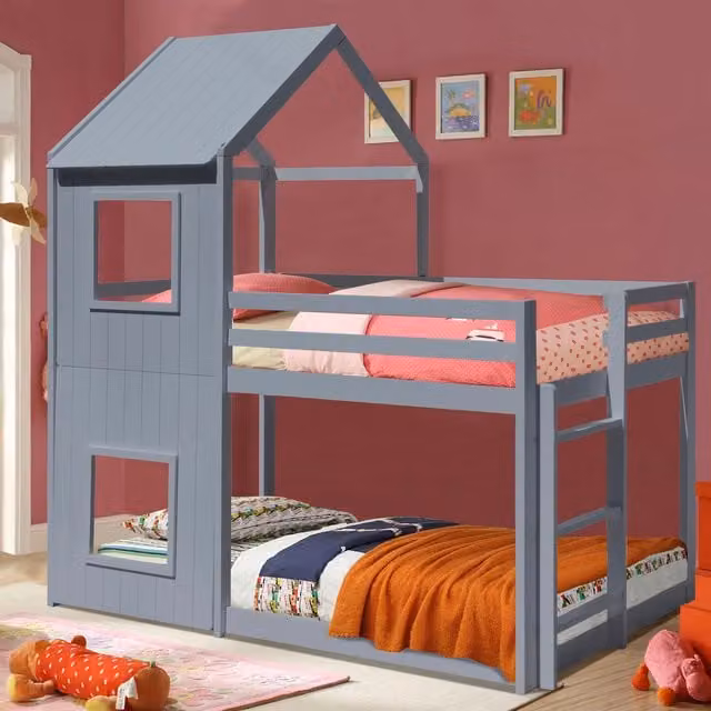 Comfy Living House Style Solid Wood Childrens Bunk Bed in Grey, W/D/H: 90 x 190 cm