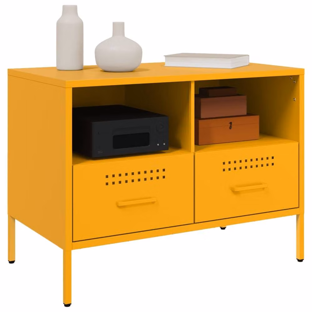 Berkfield Home Set of 2 Industrial Metal TV Cabinets in Mustard Yellow, W/D/H: 68 x 39 x 50.5 cm – 4