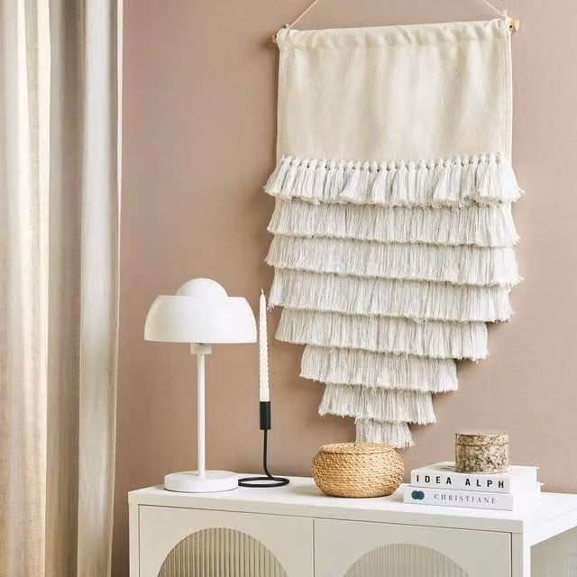 Wyld and Coco White Handwoven Cotton Tassel Wall Hanging