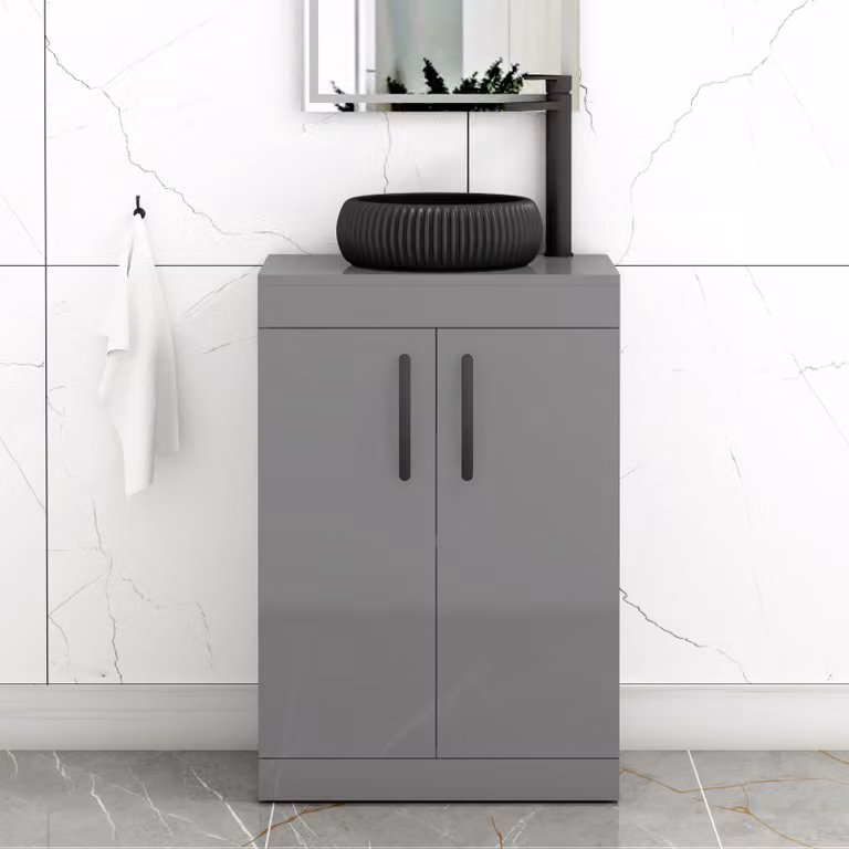 Royal Bathrooms Turin 500mm Floor Standing 2 Door Vanity Unit in Indigo Grey Gloss with Milan Black Countertop Basin