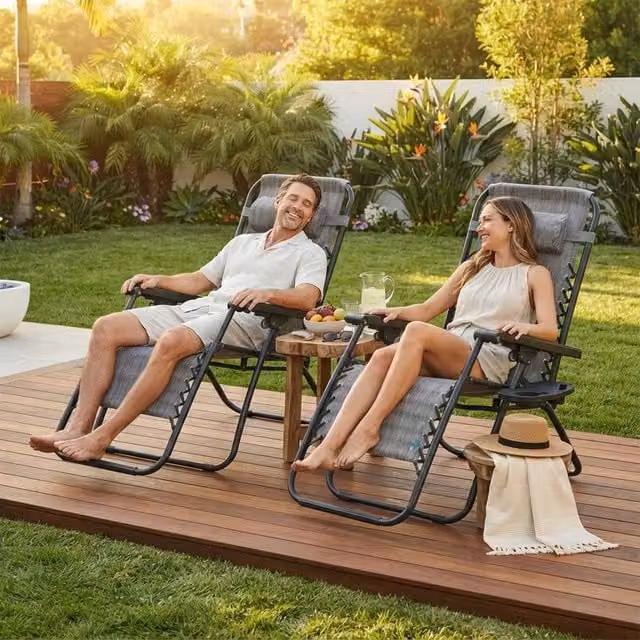 Alivio Set of 2 Heavy-Duty Zero Gravity Reclining Sunloungers in Grey with Adjustable Headrests and Cup Holders