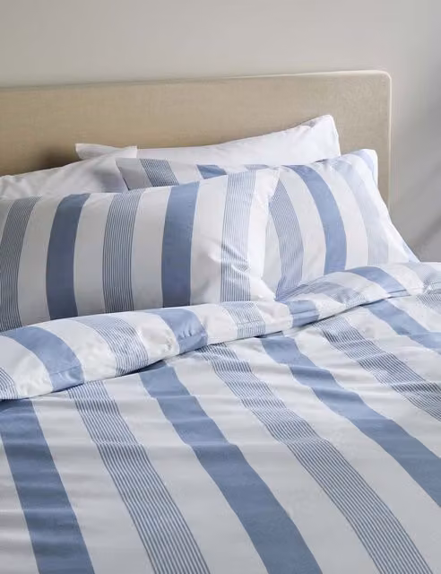 M&S Hadley Striped Pure Cotton Bedding Set, Blue Mix, 200 x 200 cm