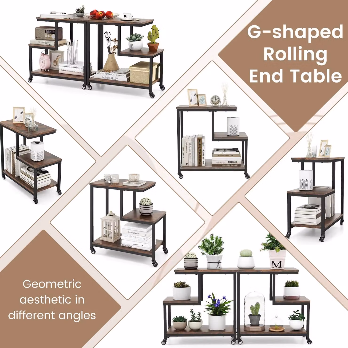 Costway G-shaped 3-Tier Mobile Side Table with Open Shelves and Castors in Brown – 8