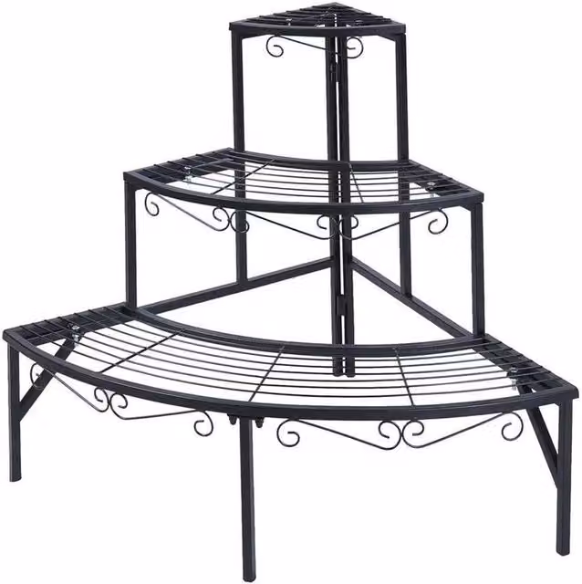 PAWNORA 3-Tier Quarter Round Metal Plant Stand in Matt Black, H 60.0 x W 58.4 x D 56.4 cm