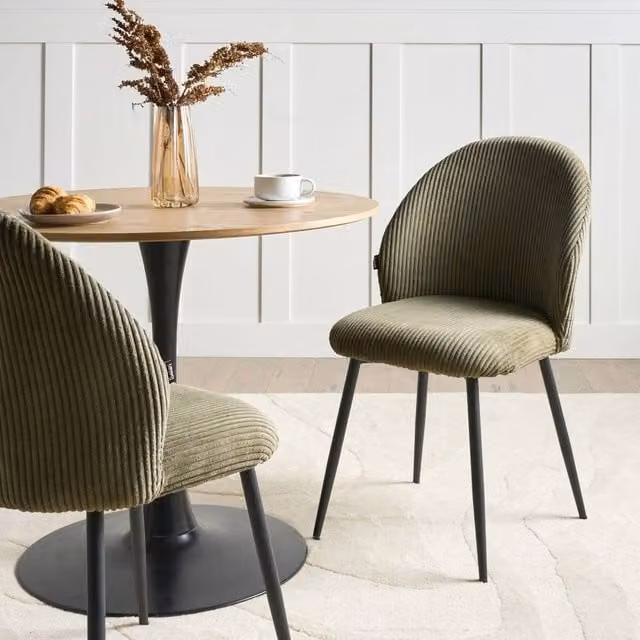 Wyld and Coco Set of 2 Modern Green Corduroy Dining Chairs with Padded Seats and Metal Legs