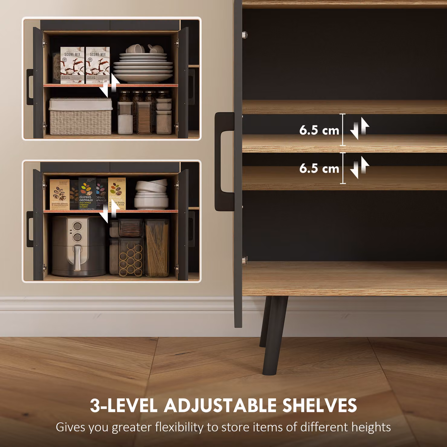 HOMCOM Modern Oak and Black Kitchen Cupboard with LED Lighting, Height: 176 cm, Width: 100 cm, Depth: 48.6 cm – 5