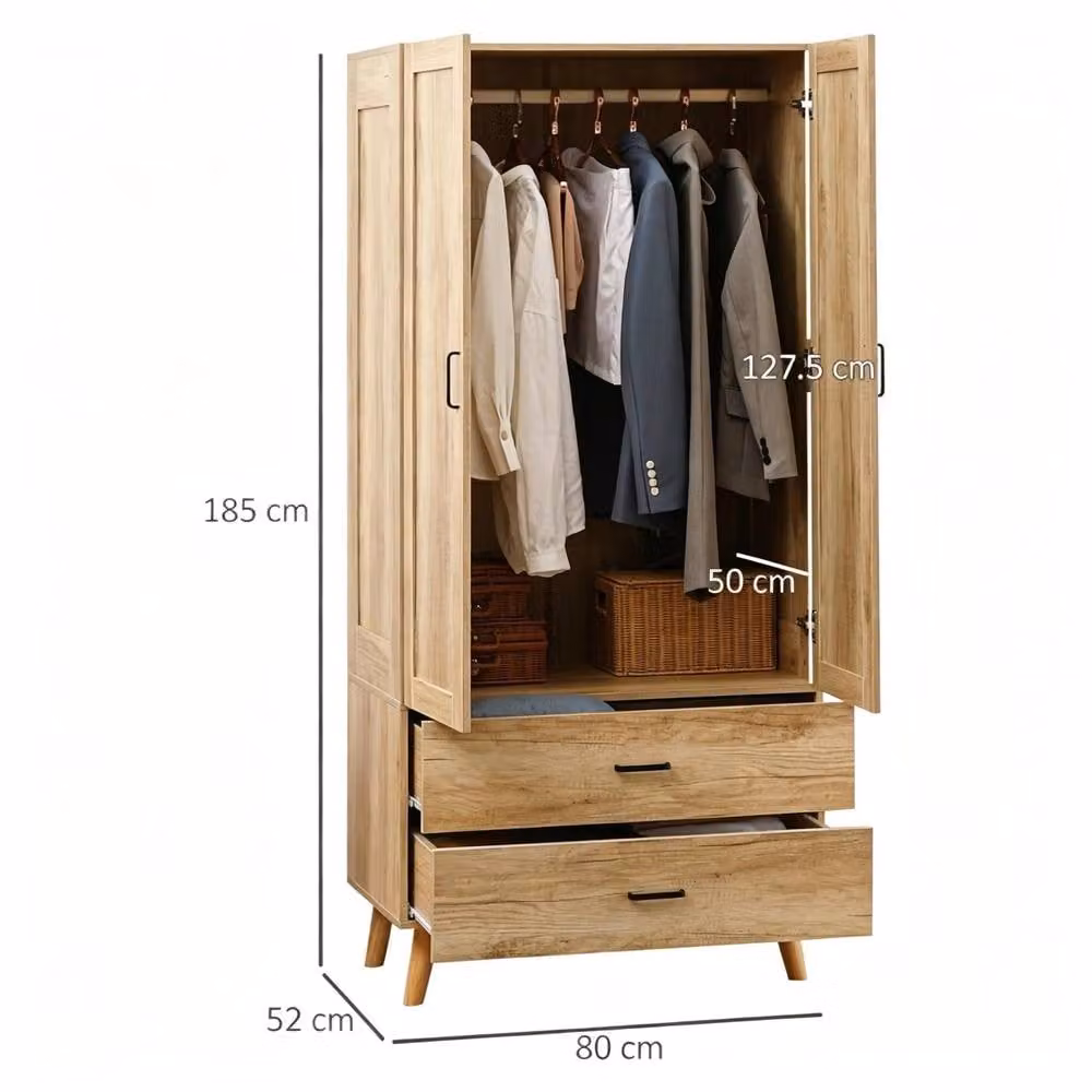 STILVORA Scandinavian Wardrobe with 2 Internal Drawers and Hanging Rail in Brown and Beige, H: 180 cm, W: 80 cm, D: 54 cm – 2