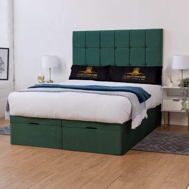 UK Bed Furniture Florence Green Upholstered Ottoman Storage Divan Bed with End Lift Base and 54 Inch Headboard, W/D/H: 180 x 200 cm