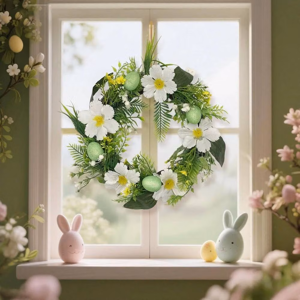 EONLION Easter Floral Wreath with Green Eggs and Flowers, Multicolour, Diameter: 15 cm – 3