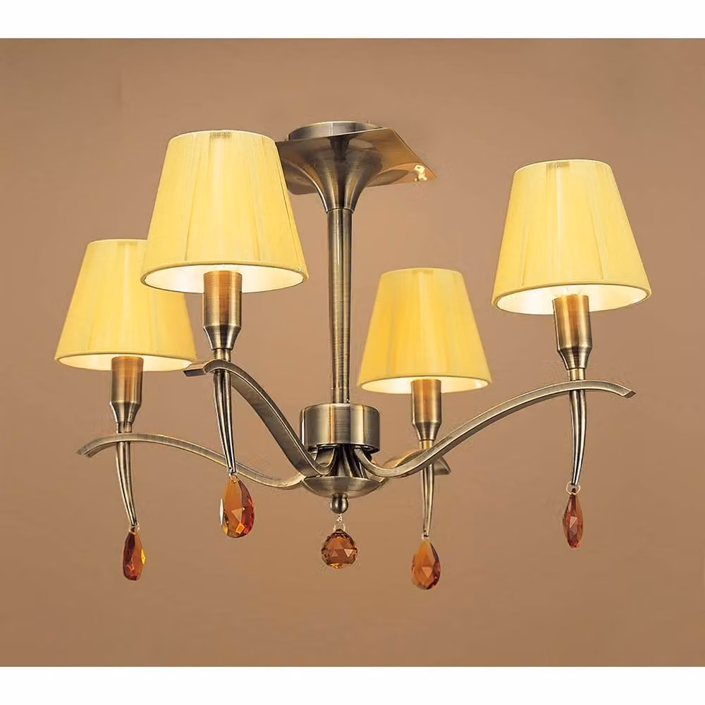 Netlighting Siena Semi Flush Round Ceiling Light in Brass with 4 Amber and Cream E14 Shades – 2
