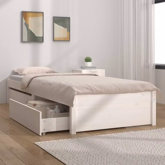 Berkfield Home Small Single Bed Frame with Drawers in White Solid Pine Wood, W/D/H: 75 x 190 cm – 1