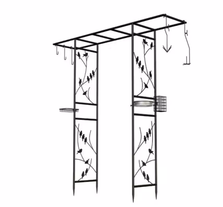 Marco Paul Black Steel Garden Arch and Trellis with Bird Feeder Hanging Station, Height: 200 cm – 2