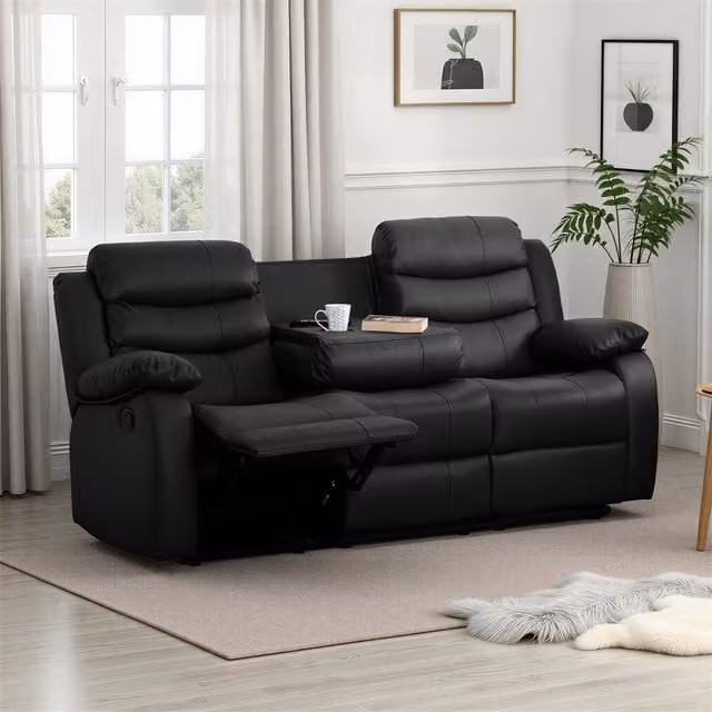 Seconique Roma 3 Seater Manual Recliner Sofa in Black Synthetic Leather with Cup Holders