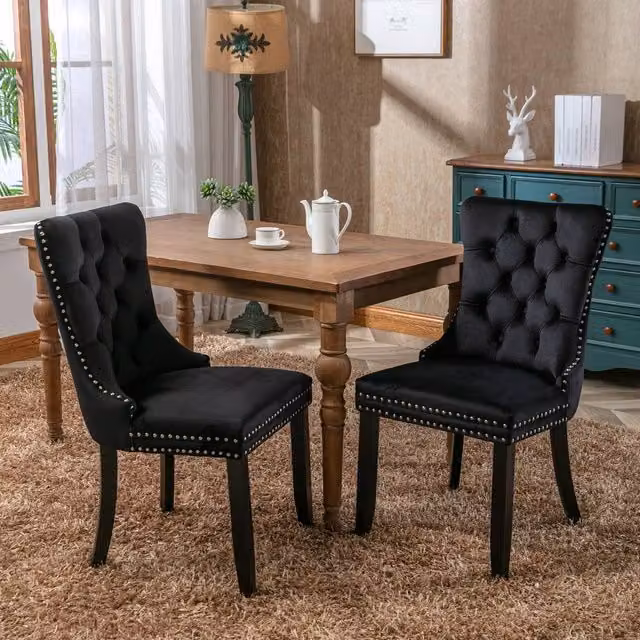 Merax Set of 2 Black Velvet Button Tufted Dining Chairs with Rubberwood Legs – 1