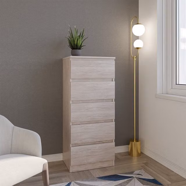 Seconique Modern 5 Drawer Narrow Chest in White and Grey